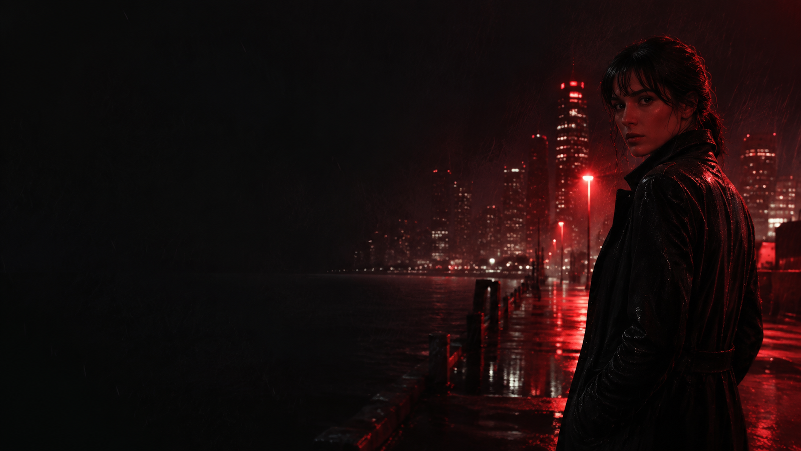 Cena cinematográfica original: investigadora em uma cidade iluminada por neon vermelho à noite